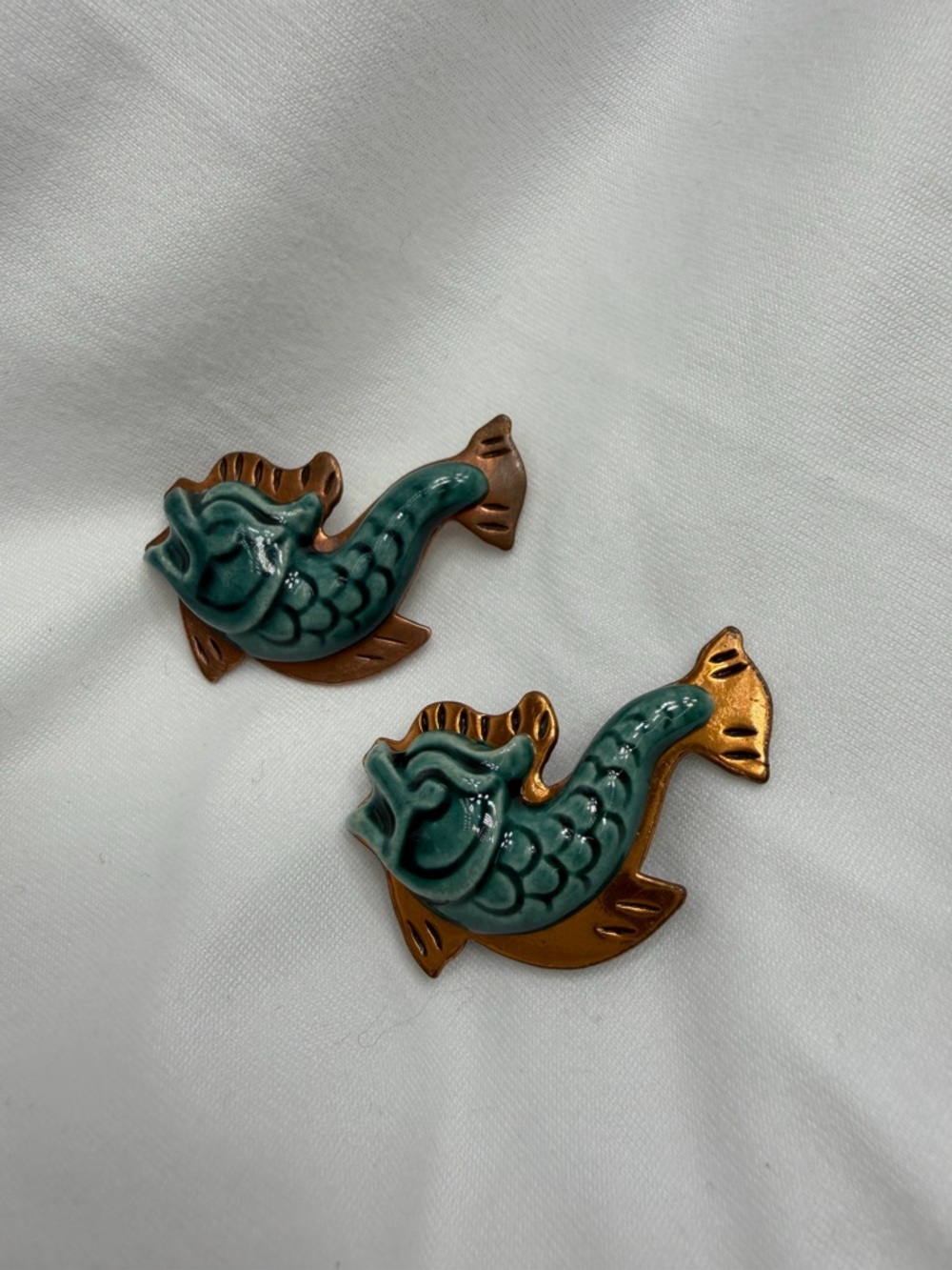 Vintage Elzac Artistic Copper and Ceramic Fish Brooches #39SB
